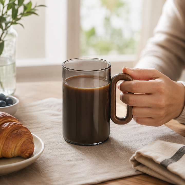 Verre isolant 350ml transparent GlassCraft, poignée bois. Pour une pause café ou thé.
