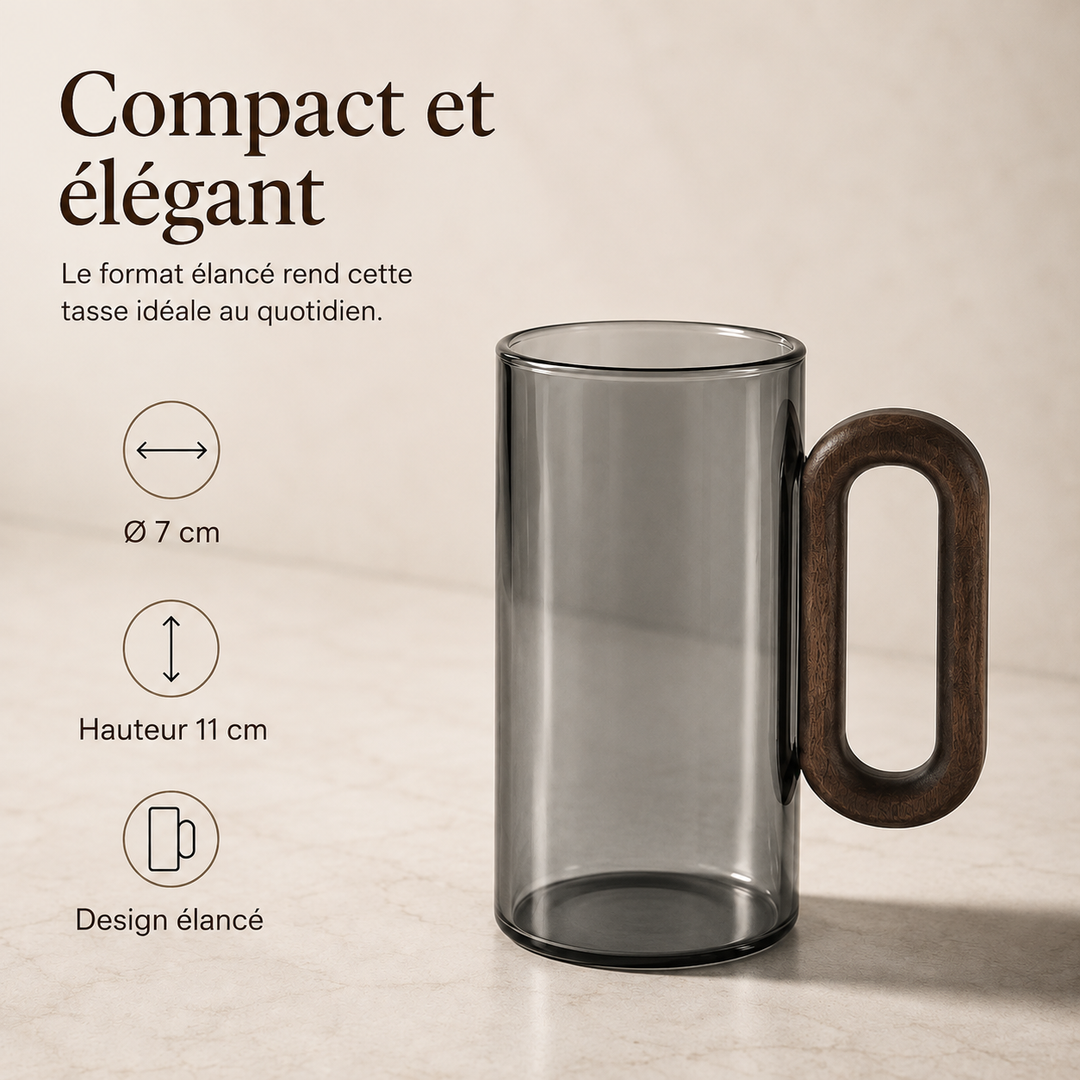 Verre isolant GlassCraft gris 350ml, anse bois. Pour thé glacé ou café chaud, style assuré.