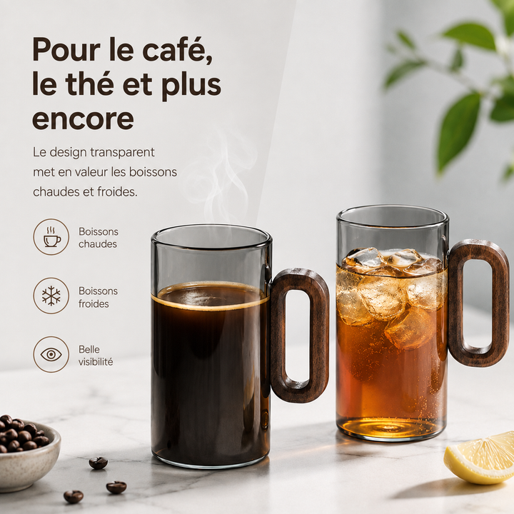 Coffret verres isothermes 350ml, poignée bois. Borosilicate transparent, cadeau idéal.