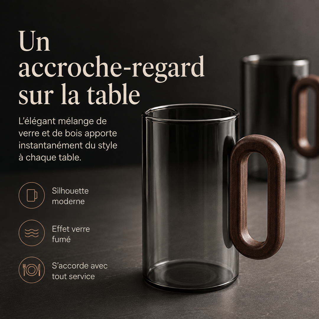 Verre isolant haut de gamme, anse en bois. Parfait pour boissons chaudes. Design élégant maison.