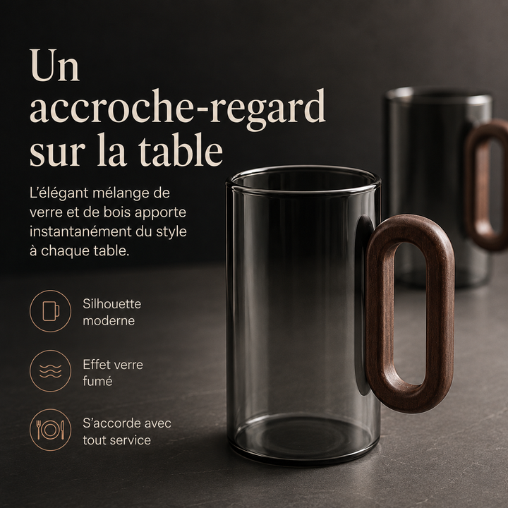 Verre isolant haut de gamme, anse en bois. Parfait pour boissons chaudes. Design élégant maison.