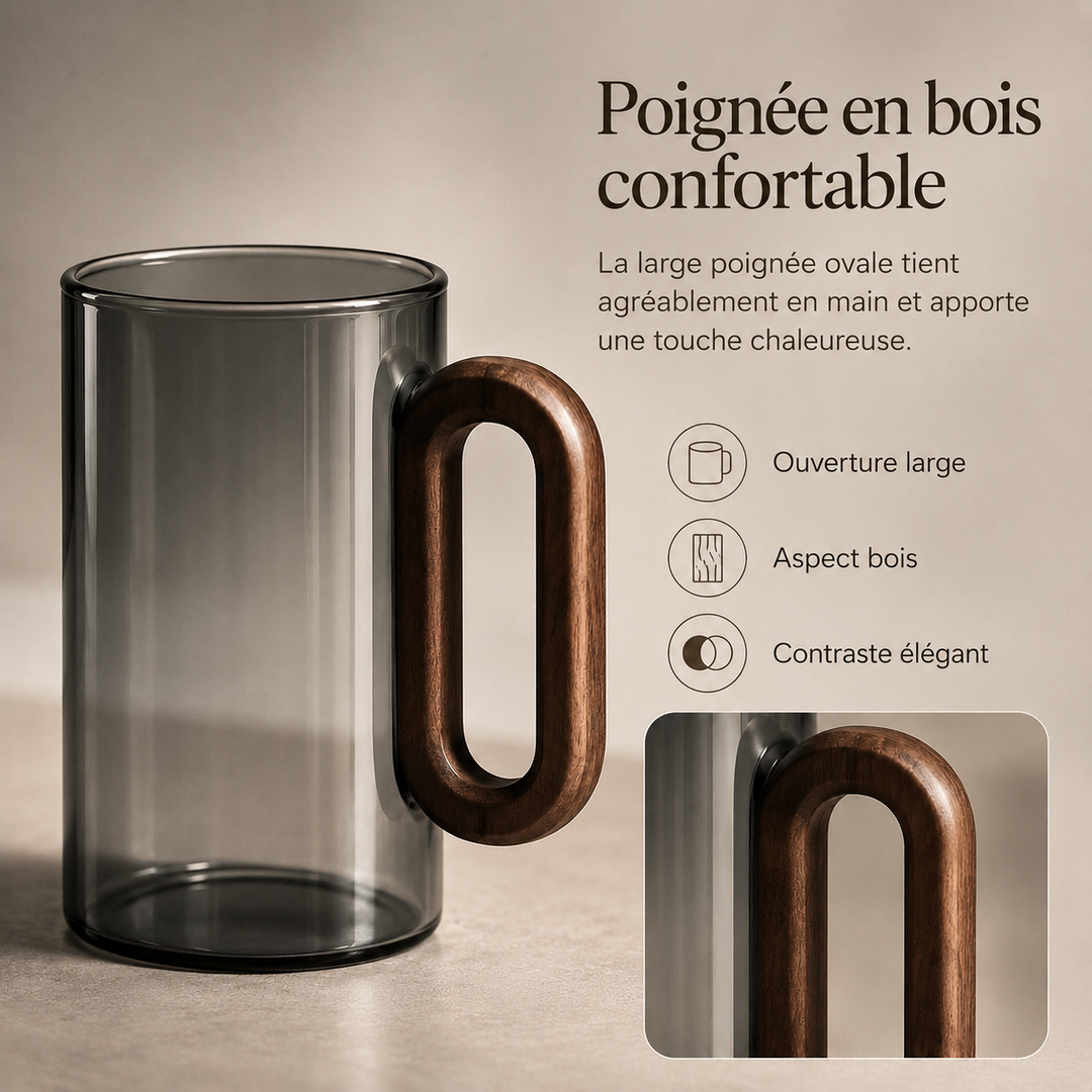 Verre GlassCraft 350ml avec poignée bois. Boissons froides glacées ou chaudes fumantes.