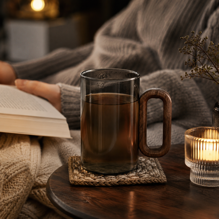 Verre à café ou thé isotherme gris, avec poignée en bois. Design élégant pour votre maison.