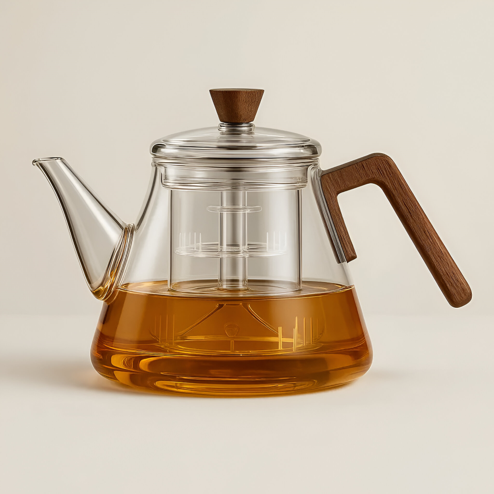 Théière en verre 900ml avec infuseur amovible, idéale pour le thé et les tisanes.