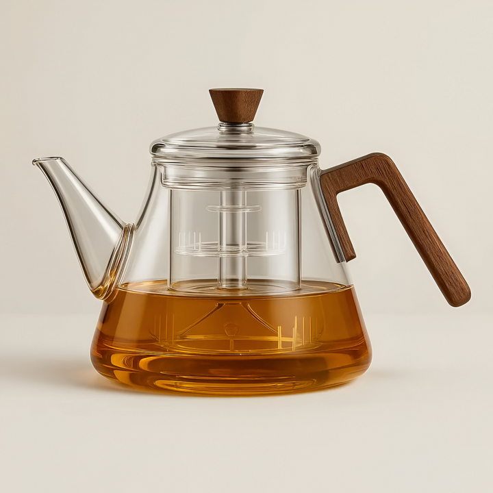Théière en verre 900ml avec infuseur amovible, idéale pour le thé et les tisanes.