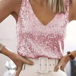 Haut femme pailleté col V, débardeur élégant et glamour. Tenue de soirée sans manches, chic et tendance.