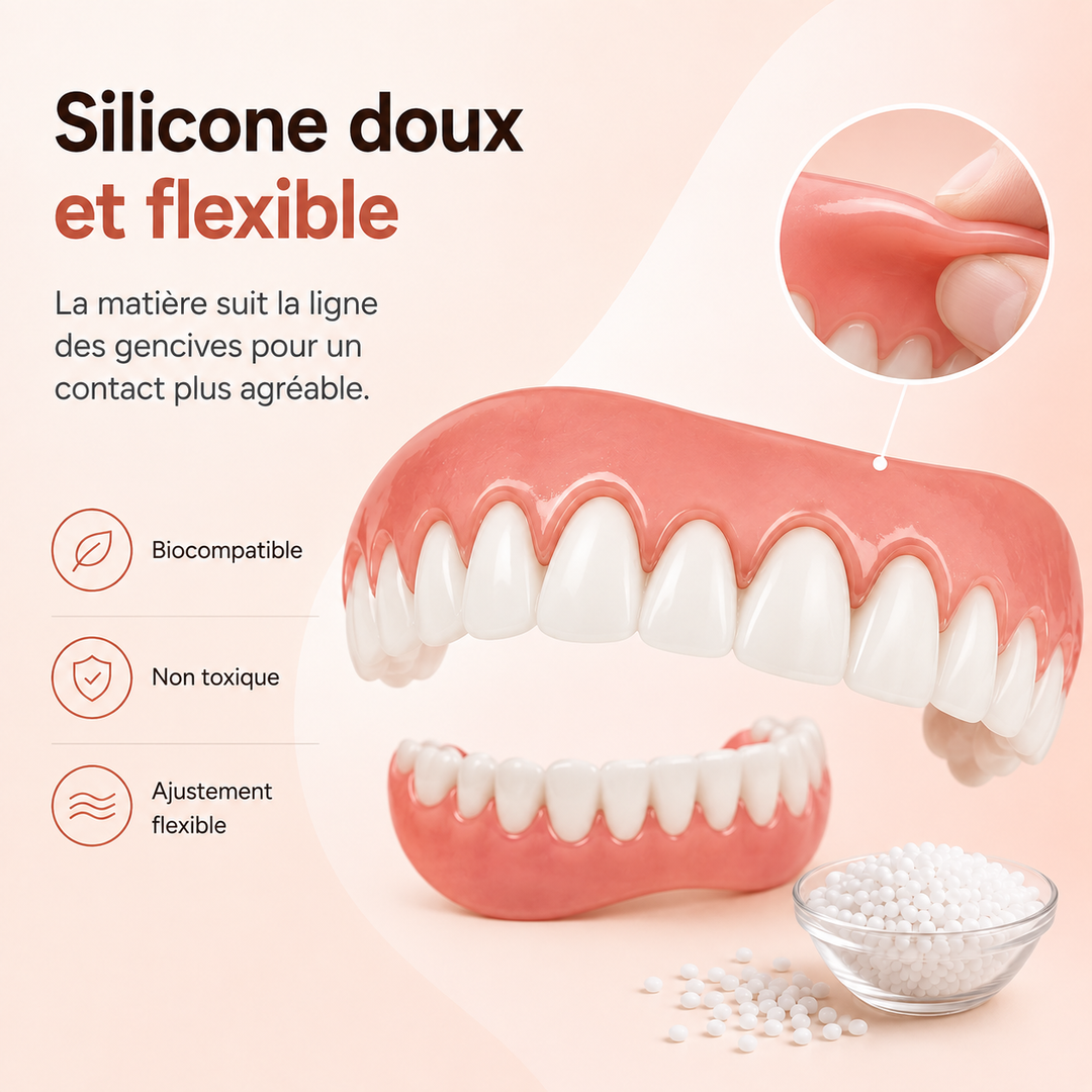 Gros plan des prothèses dentaires en silicone, texture naturelle et couleur réaliste pour un sourire parfait.