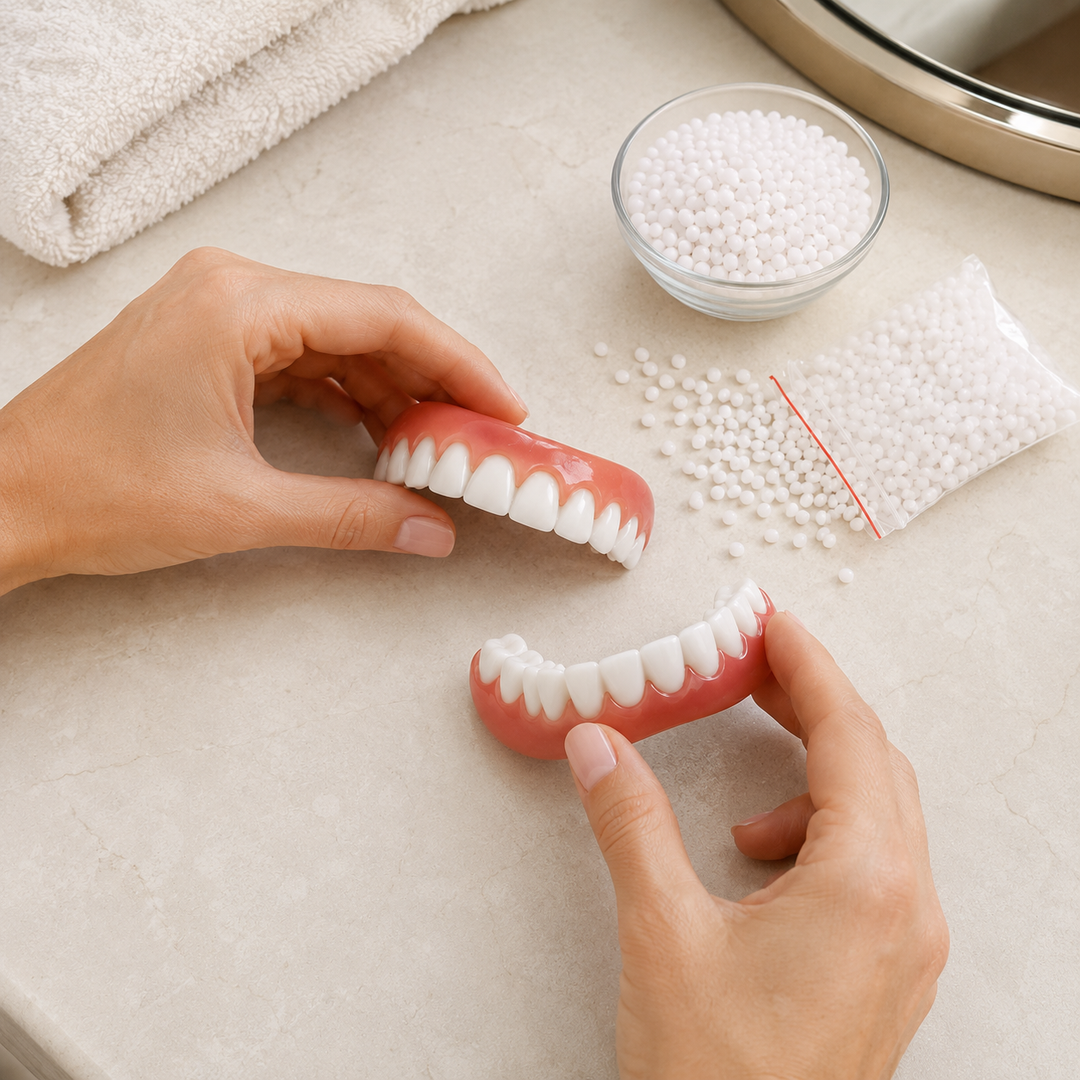 Prothèses dentaires esthétiques en silicone pour sourire naturel. Accessoire réutilisable: costume, théâtre, photo.