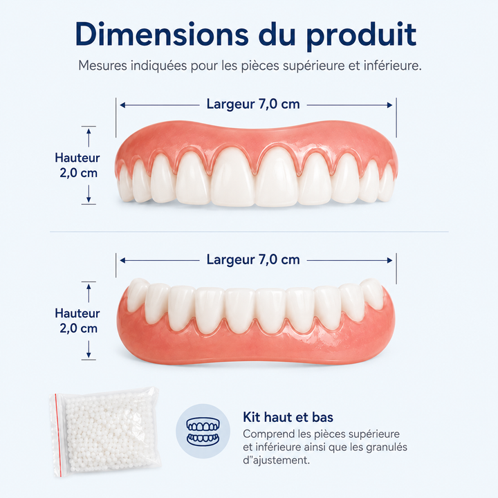 Prothèses dentaires esthétiques en silicone, durables et réutilisables pour multiples utilisations en photo.