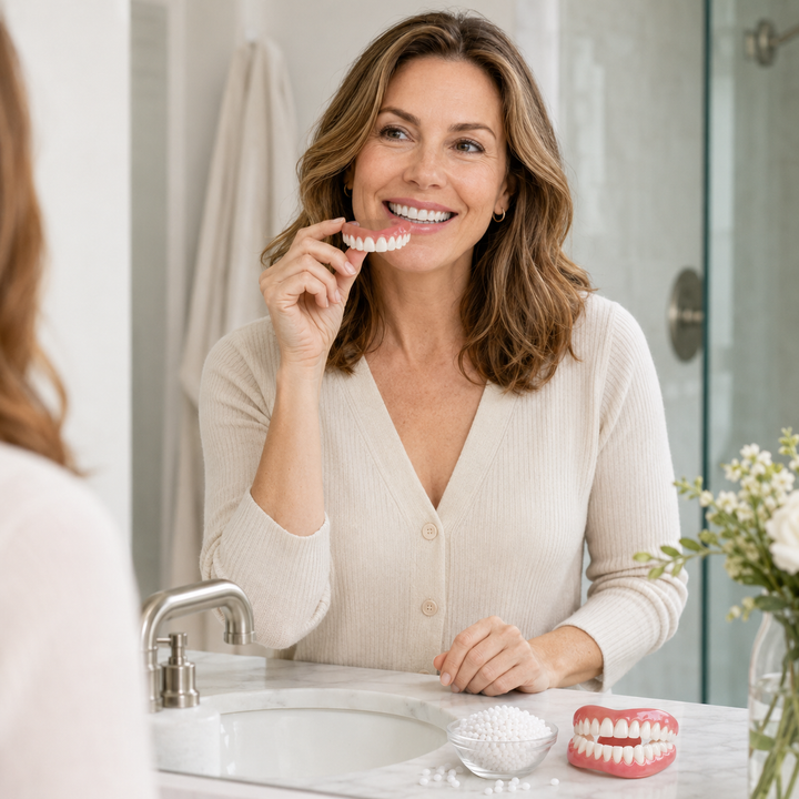 Prothèses dentaires en silicone pour un sourire naturel et réaliste, parfaites pour le théâtre et effets spéciaux.