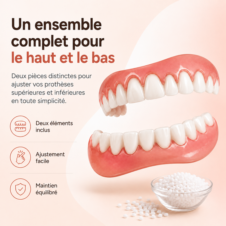 Modèle souriant avec prothèses dentaires en silicone, offrant un sourire naturel et esthétique pour déguisement.