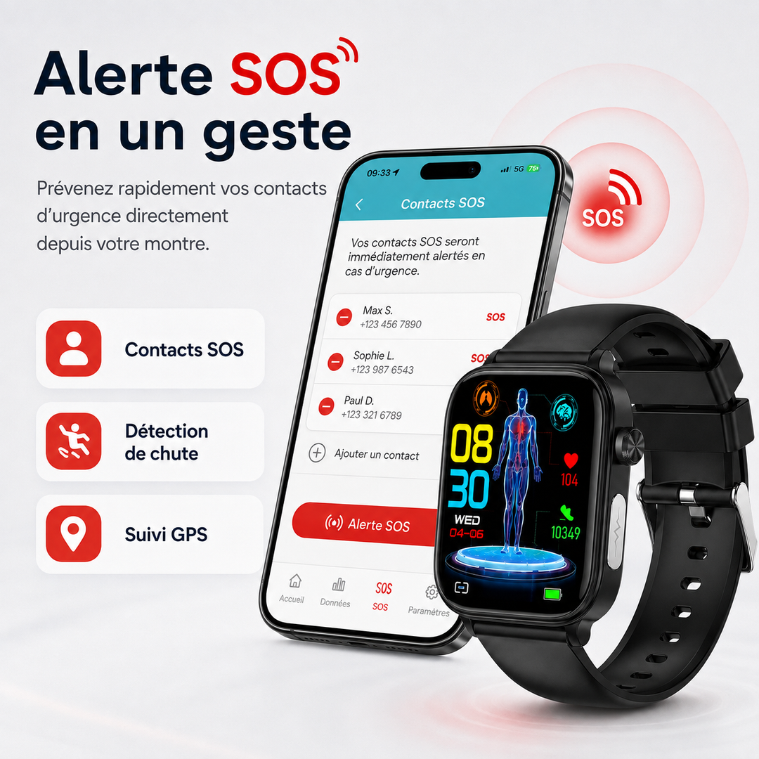 Gadget tech : montre connectée Bluetooth, appels, messages, contrôle caméra. Pour un quotidien connecté et pratique.