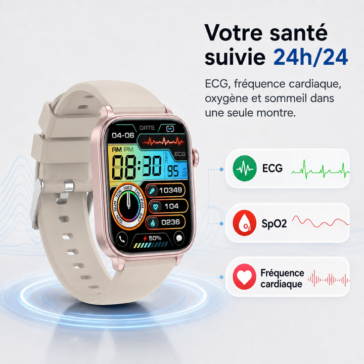 Montre de sport connectée étanche. Suivi d'activité, GPS, calories, pas. Idéale pour le sport et le quotidien.