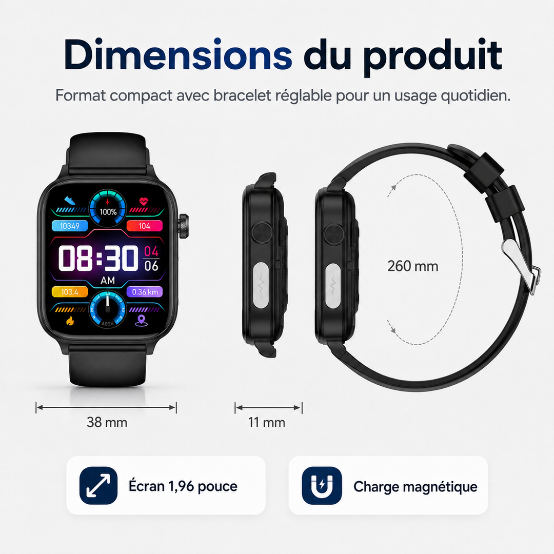 Smartwatch complète : santé, sécurité, sport, notifications. Un compagnon essentiel pour votre bien-être quotidien.