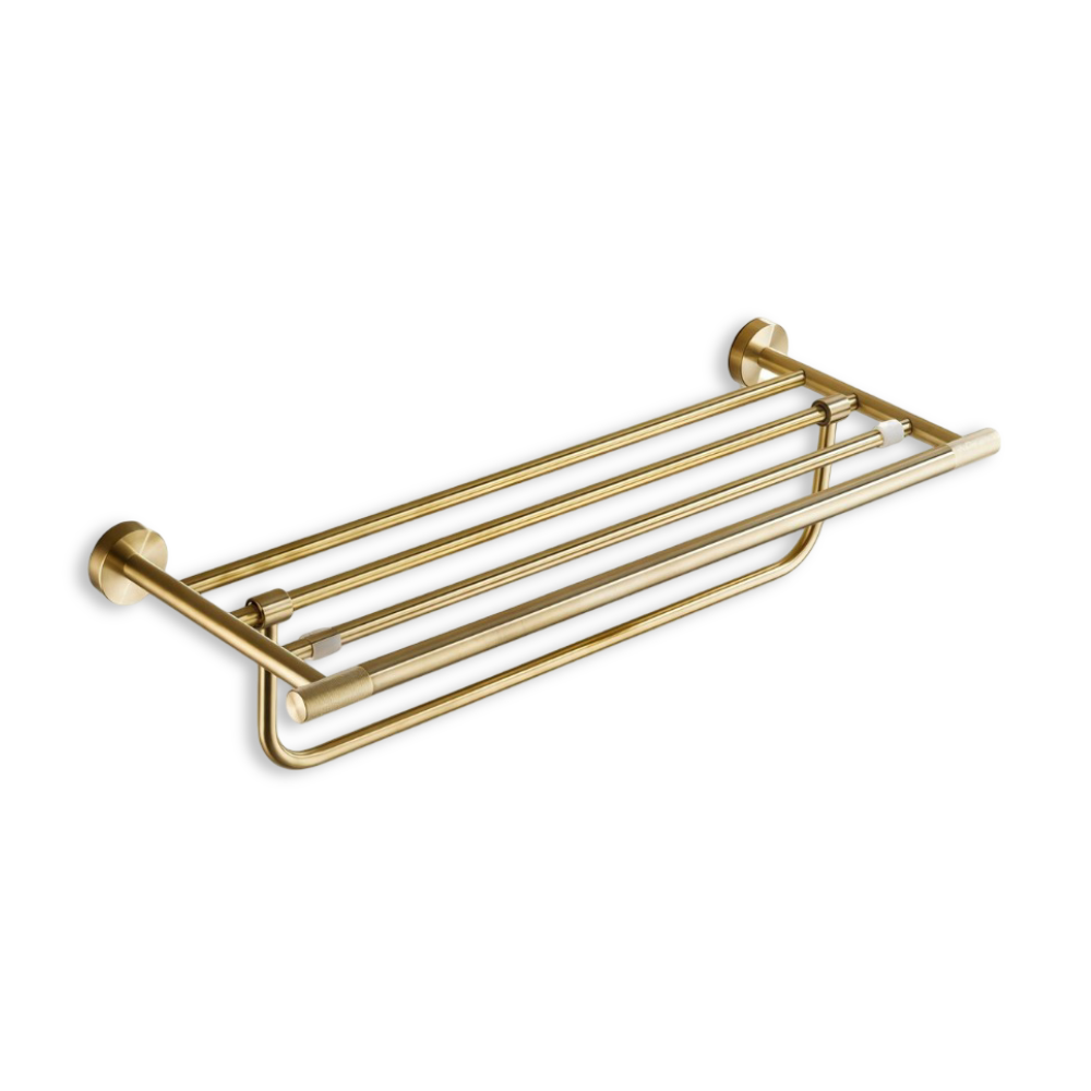 Barre de serviette élégante, fixation murale or brossé en acier inoxydable pour décoration moderne.