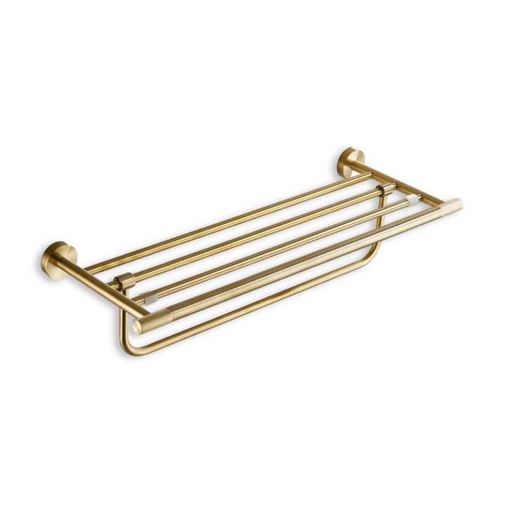 Barre de serviette élégante, fixation murale or brossé en acier inoxydable pour décoration moderne.