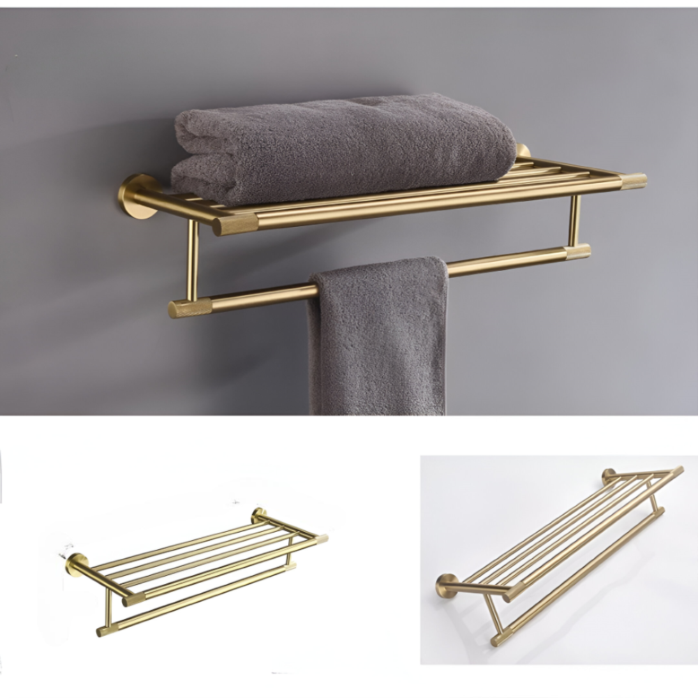 Porte-serviette mural en or brossé, design luxe en acier inoxydable pour organisation.