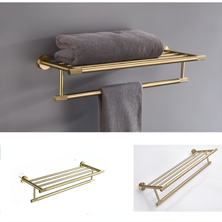 Porte-serviette mural en or brossé, design luxe en acier inoxydable pour organisation.