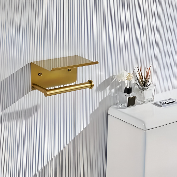 Accessoire salle de bains: barre de serviette or brossé, fixation murale, acier inoxydable moderne.