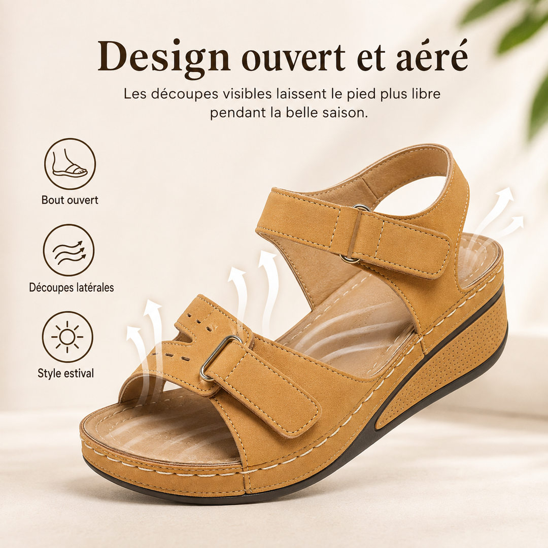 Élégantes sandales compensées GraceStep pour femmes, confortables et ajustables, en cuir synthétique.