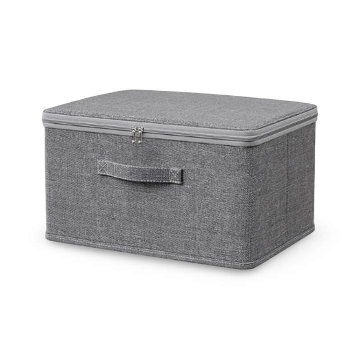 Boîte de rangement pliable en tissu gris avec couvercle pour organisation maison et placard.