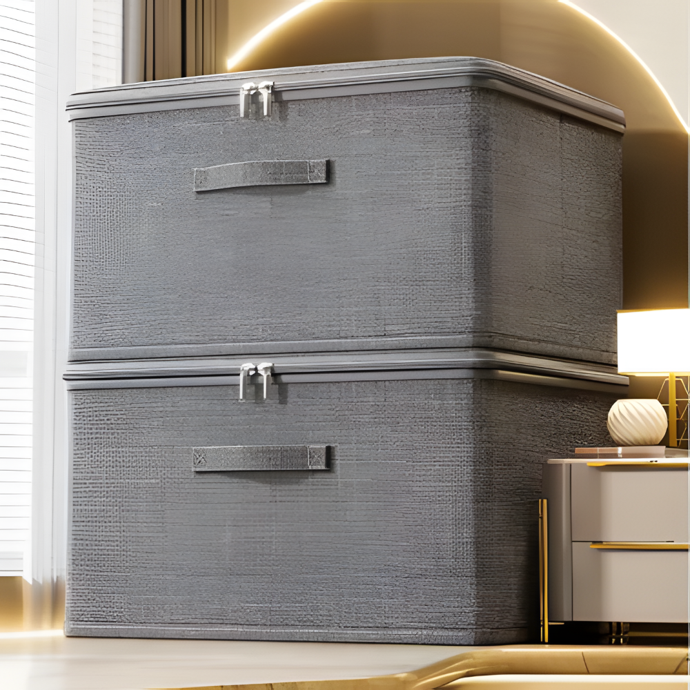 Boîte de rangement grise en tissu avec couvercle, pliable, gain de place pour l'organisation.