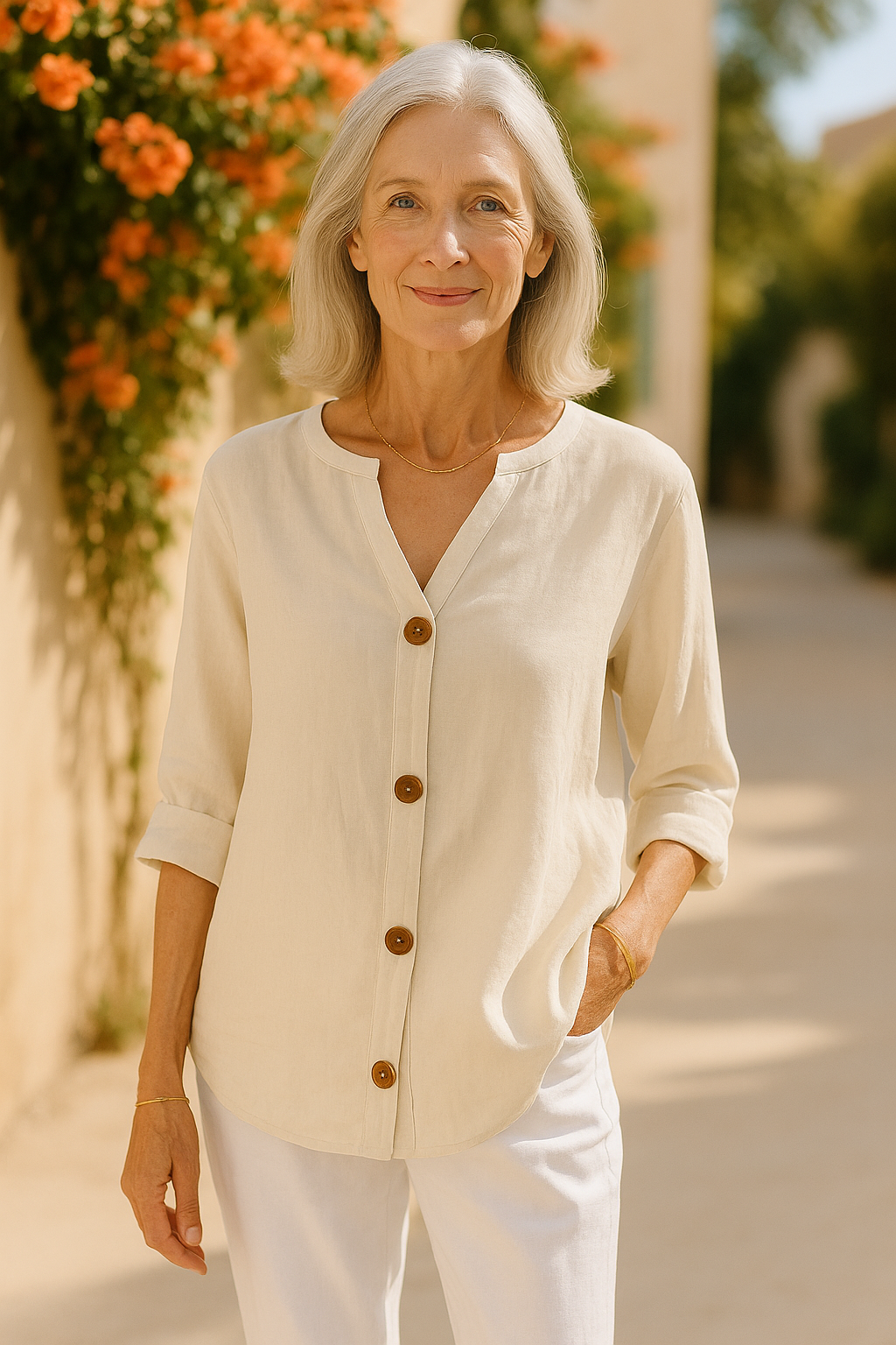 Blouse femme boutonnée élégante, col tunisien, style naturel chic et confortable.