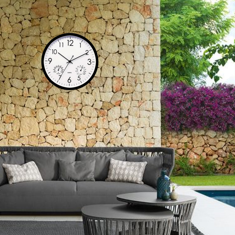 Horloge murale décorative pour balcon, affichant l'heure, la température et le taux d'humidité. Style classique.