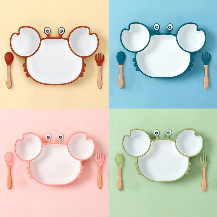 Vaisselle enfant antidérapante: assiette crabe en silicone alimentaire sans BPA, pour des repas joyeux et propres.