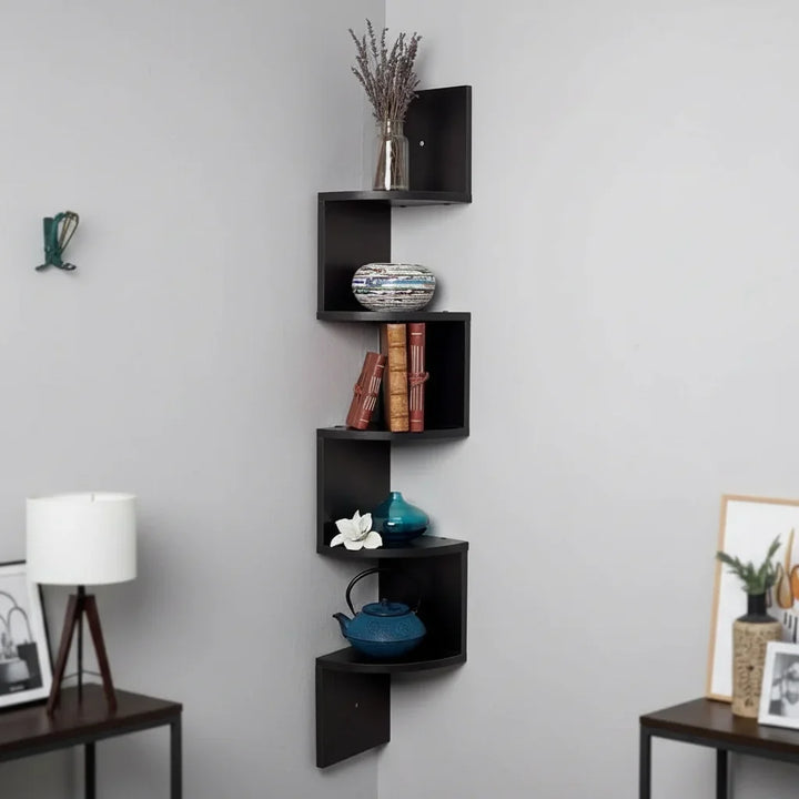 Rangement d'angle mural compact, gain de place optimal pour livres et déco. Étagère moderne pour chambre ou salon.