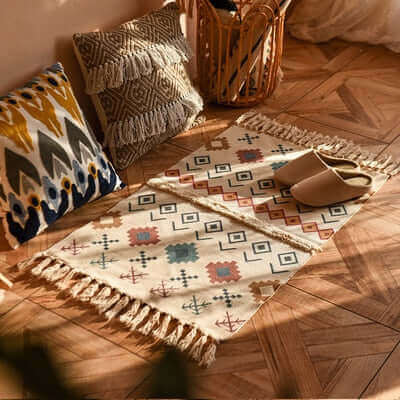 Tapis lavable pour salon, design bohème multicolore, en coton doux et facile d'entretien.