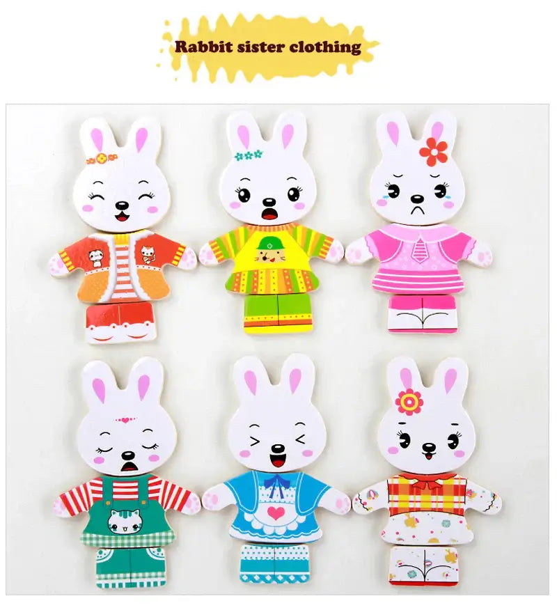 Puzzle animaux bois massif: Lapin avec garde-robe. Jeu d'éveil sensoriel pour enfant.