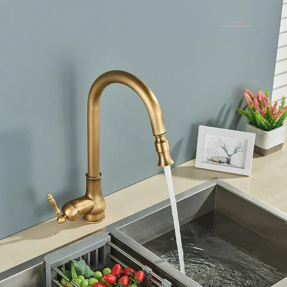 Détail robinet cuisine laiton noir mat, mitigeur avec bec haut pivotant. Touche antique moderne.