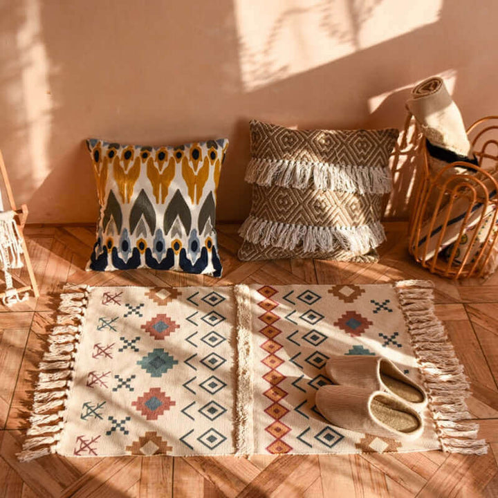 Tapis bohème lavable en coton, décoration intérieure facile et design décontracté.