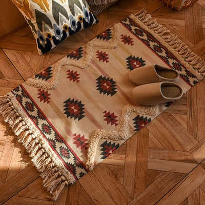 Tapis de chambre lavable, motif bohème multicolore en coton, parfait pour l'intérieur.