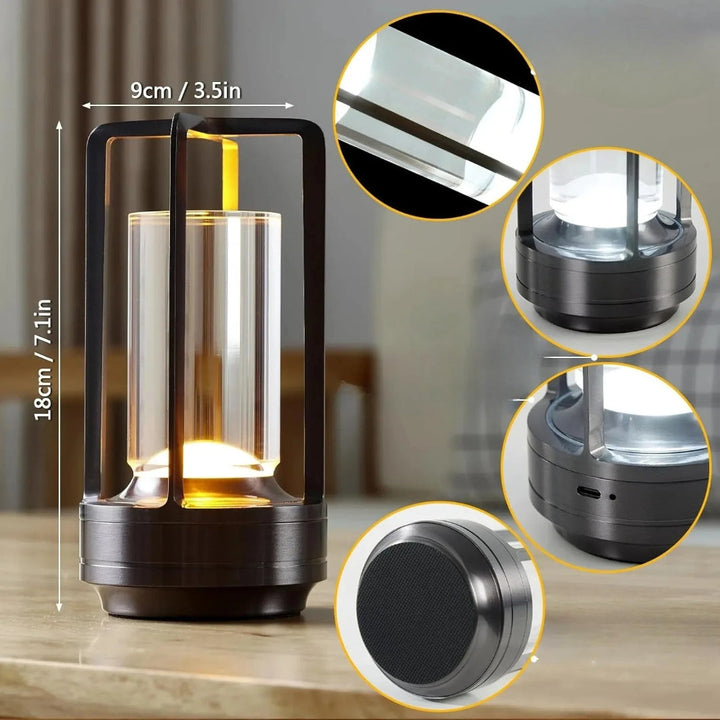 Lampe de table LED tactile sans fil, rechargeable, offrant un éclairage d'ambiance design extérieur.