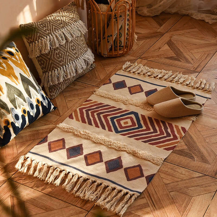 Décoration intérieure: Tapis bohème lavable, style décontracté pour salon ou chambre.