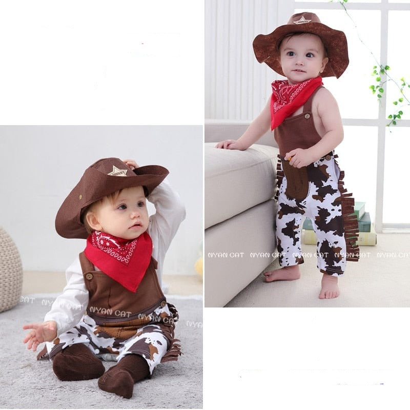 Costume bébé cowboy en coton doux, incluant salopette, bandana et chapeau, pour enfant fille ou garçon.