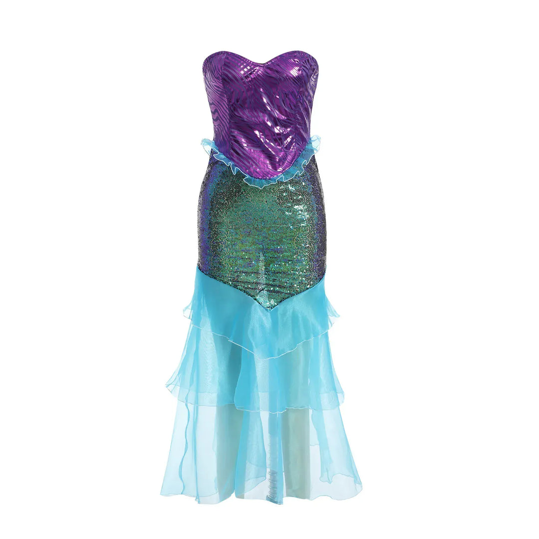 Queue de sirène adulte à paillettes vertes et bleues, une jupe longue élégante pour un look féerique.