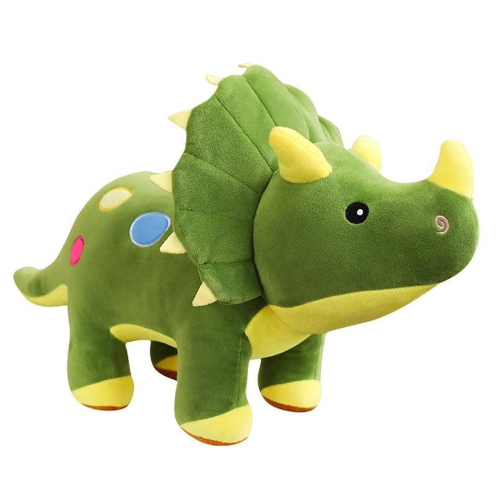 Peluche géante tricératops verte, doudou dinosaure réconfortant pour enfant. Jouet doux et câlin.