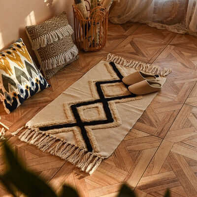 Tapis lavable et résistant pour salon, design boho contemporain, style décontracté.