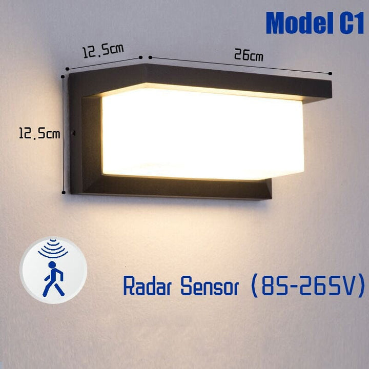 Applique murale LED extérieure moderne IP65. Éclairage de jardin avec capteur de mouvement pour sécurité.