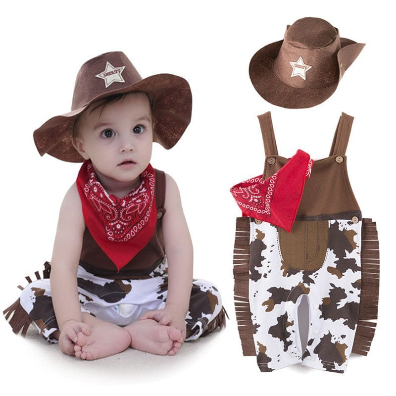 Déguisement cowboy bébé 3 pièces unisexe en coton pour fille ou garçon, parfait pour carnaval et fêtes Far West.
