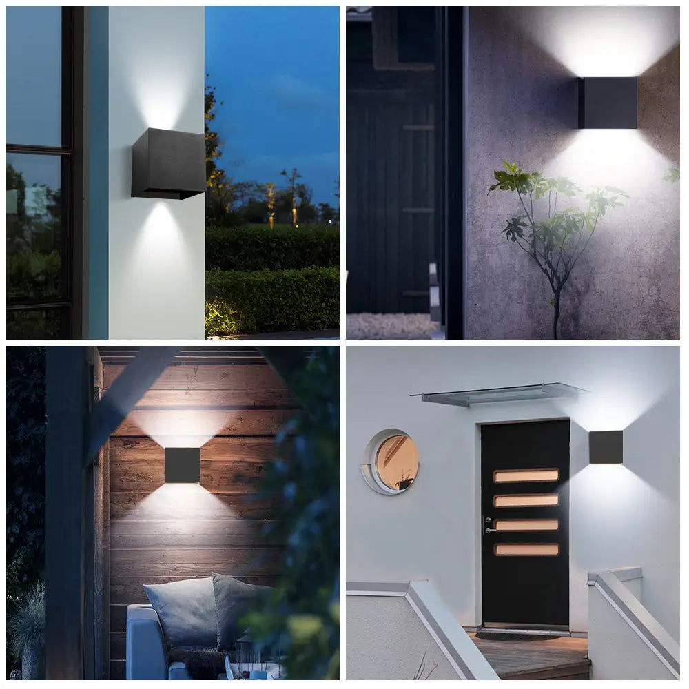 Éclairage mural LED extérieur carré moderne, parfait pour ambiance contemporaine terrasse.