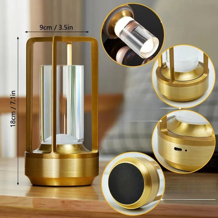 Lampe de table LED portable, rechargeable et sans fil, design moderne pour décorer terrasse ou salon.