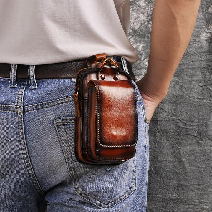 Pochette ceinture marron homme, sac banane cuir véritable, style vintage polyvalent pour toutes occasions.