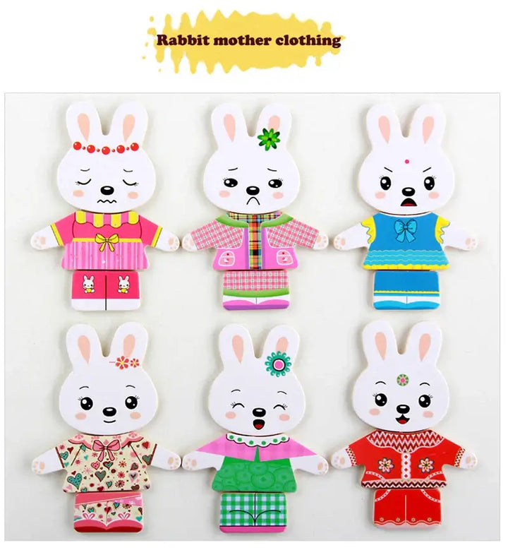 Puzzle en bois enfant motif lapin et vêtements. Jeu de rôle éducatif et amusant.