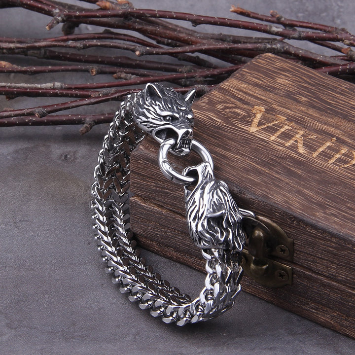 Bracelet Viking en argent massif avec tête de loup Fenrir. Bijou pour homme, mythologie nordique, style Ragnar.