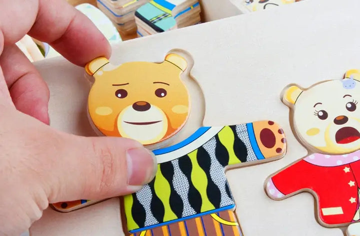 Set puzzle bois ours/lapin. Jeu d'habillage éducatif pour enfant, favorise l'autonomie.