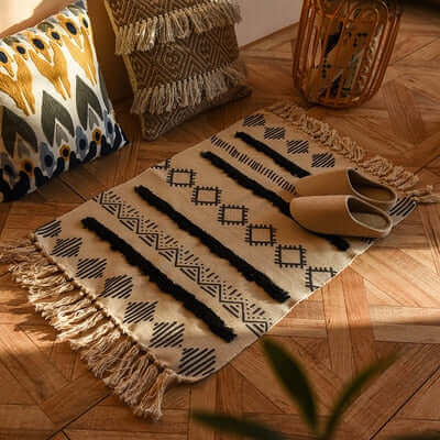 Élégant tapis boho lavable pour salon, design multicolore en coton, entretien facile.